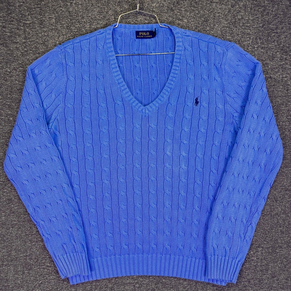 Polo Ralph Lauren V-Neck Sweater Mens XL Blue Cable Knit Casual Cotton Pony Logo - Picture 6 of 15